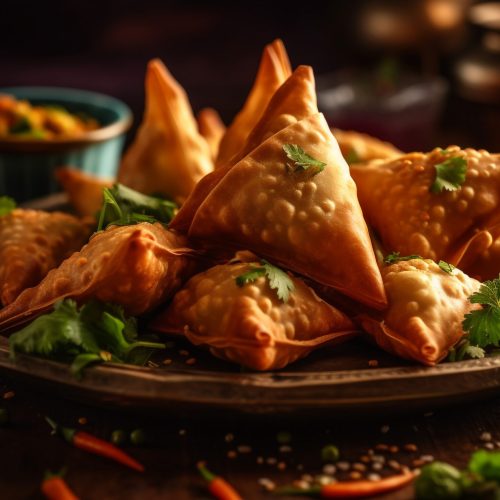 Deep fried samosas and dumplings, gourmet appetizer generated by artificial intelligence